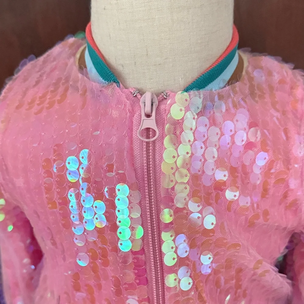Marie Nicole Pink Iridescent Sequin Bomber Jacket Girls Boutique Zip Front
